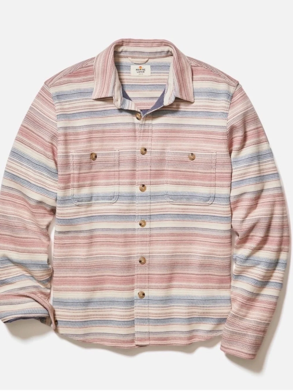 MARINE LAYER Mens Pacifica Stretch Twill Shirt Warm Baja Stripe Medium NWT